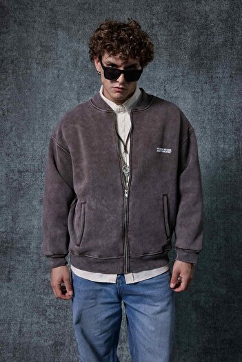 ablukaonline Men's Oversize Washable Zippered Sweatshirt Brown
