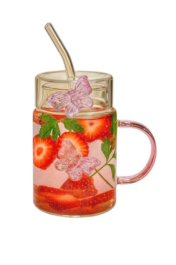 Qerhome Pine Cover with Butterfly Detail, Straw, Coffee and Water Drink Cup, Butterfly Dream, 500 ml