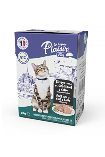 Plaisir Chef Wet Food for Sterilized Cats, Pate with Cod and Hake and Shrimp, 16 x 190g