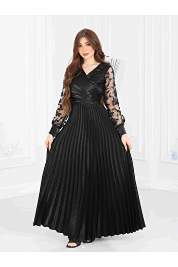 Nice Model Black Pleated Evening Gown with Embroidered Lace Sleeves - Mikado Fabric Formal Dress - V-Neck