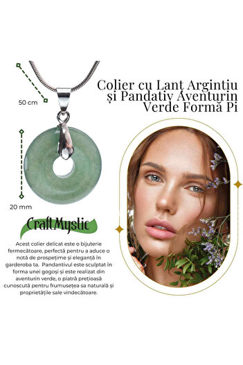 craftmystic Silver Silver Necklace with Green Aventurine Pi Shape - Balance and Prosperity, Total Length 50 cm