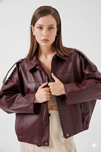 hazelin Women's Burgundy Oversize Zippered and Buttoned Side Pocket Faux Leather Jacket Hzl25W-Bd110551