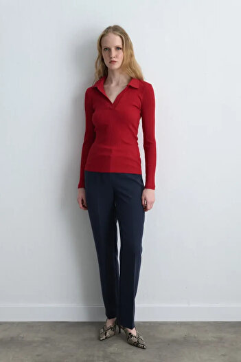 Gusto Polo Collar Cotton Knitted Blouse - Red