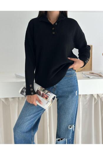 Jeevee Polo Neck Half Placket Sleeve Button Detail Knitwear Sweater
