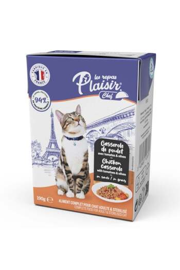 Plaisir Chef Wet Food for Sterilized Cats, Chicken Fillet, Tomatoes and Olives, 16 x 190g