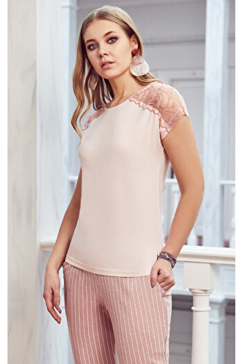 Stylish Soft baby pink pajamas decorated with lace and long striped pants for an attractive look