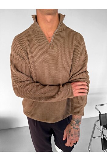 ablukaonline Men's Oversize Half Zipper Sweater Light Brown
