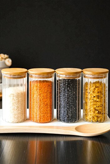 Denia Home |   Borrelia |   4-Piece Jumbo Size Striped Spice Jar Set with Bamboo Lids 1300 Ml.