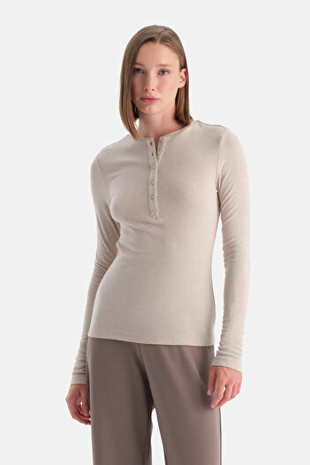 Dagi Half Buttoned Cashmere Modal Long Sleeve T-Shirt