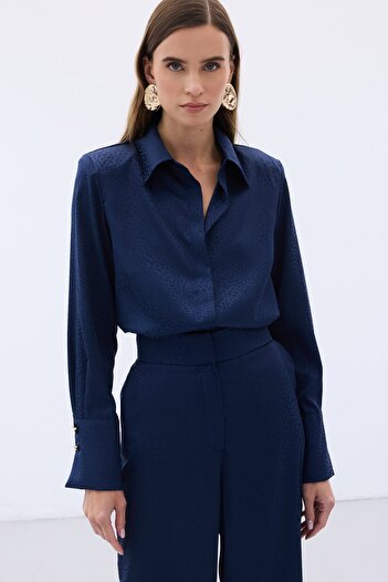 Sateen Jacquard Plain Shirt - Navy Blue