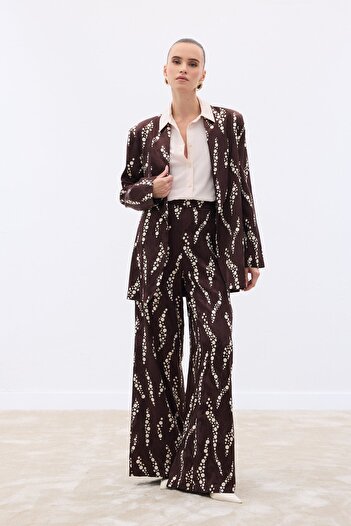 Sateen Patterned Wide Leg Trousers - Brown