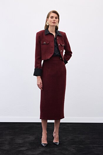 Sateen Tweed Pencil Skirt with Ornamental Buttons - Burgundy