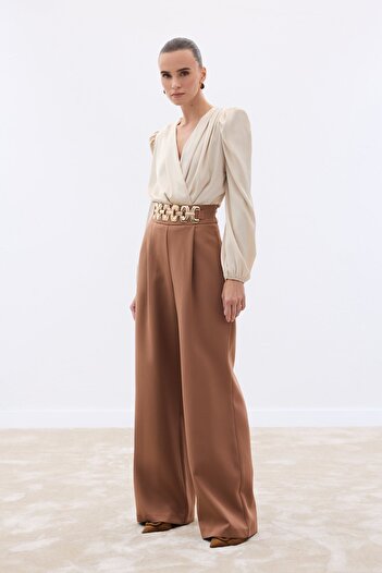 Sateen Belted Casual Trousers - Camel