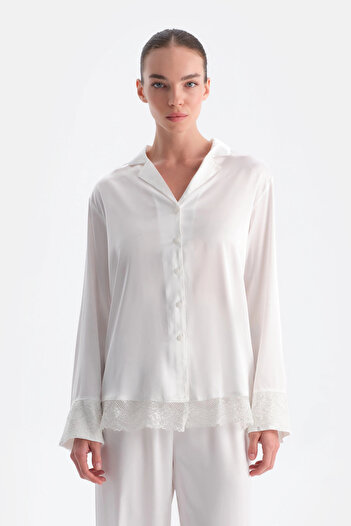 Dagi White Lace Detailed Satin Bride Shirt