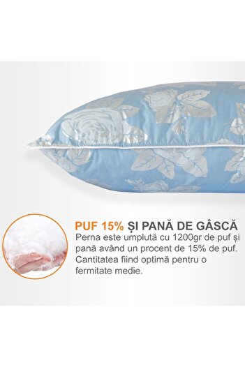 Pernador Set de 2 perne cu 15% puf de gasca si pana, 50x70 cm, Albastru cu trandafiri argintii