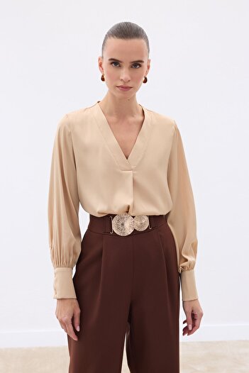 Sateen V-Neck Satin Blouse - Camel