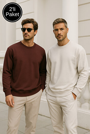 Rich Men's 2-Pack Brown - Cream Crew Neck Scuba Basic Sweatshirt