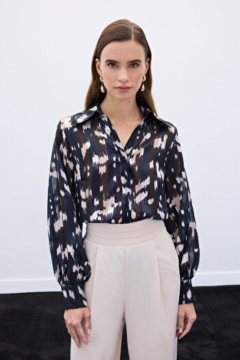 Sateen Wide Cuff Patterned Shirt - Black