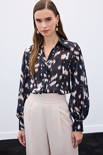Sateen Wide Cuff Patterned Shirt - Black