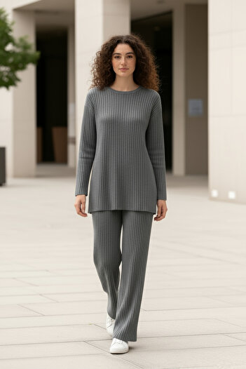 EYYE Cotton Ribbed Women's Blouse Trousers Double Set