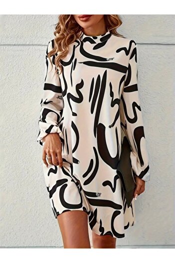 JANES Women's Long Sleeve Turtleneck Patterned Ruffled Diver Dress