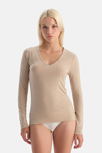 Dagi Milky Coffee Modal Cashmere V-Neck Long Sleeve Top
