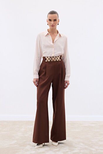 Sateen Belted Casual Trousers - Brown