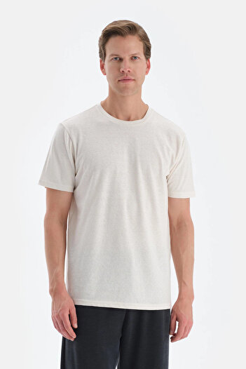 Dagi Ecru Crew Neck Knitted Linen Blend T-Shirt