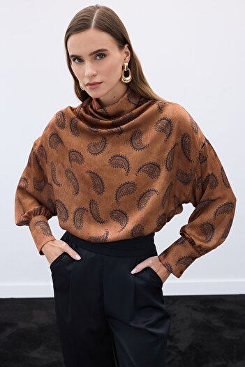 Sateen Degaje Collar Patterned Blouse - Brown