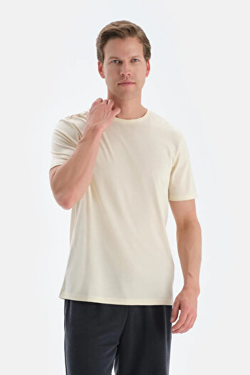 Dagi Ecru Crew Neck Silk Apre Short Sleeve T-Shirt