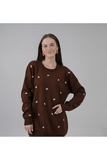 hayal giyim Elegant Bow Embroidered Knit Sweater - Brown