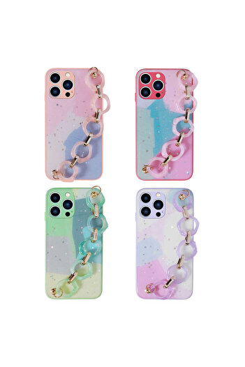 Aden iPhone 12 Pro Compatible Glitter Patterned Elsa Silicone Case with Hand Strap Holder-Lilac