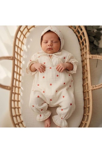 Doray Organic Muslin Baby Romper and Hat Set |   Heart Patterned |   Newborn & Baby Clothing