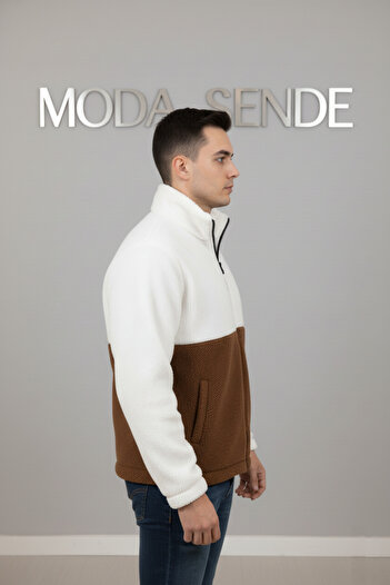 No Plan Men's Regular Fit Color Block Zippered Plush Jacket - White/Coffee