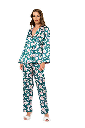 Stylish Royal green satin 2-piece elegant nightgown with rose print