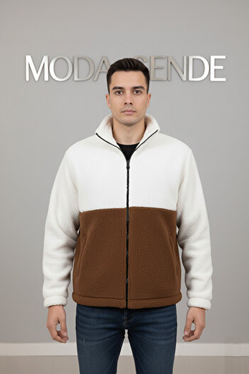 No Plan Men's Regular Fit Color Block Zippered Plush Jacket - White/Coffee