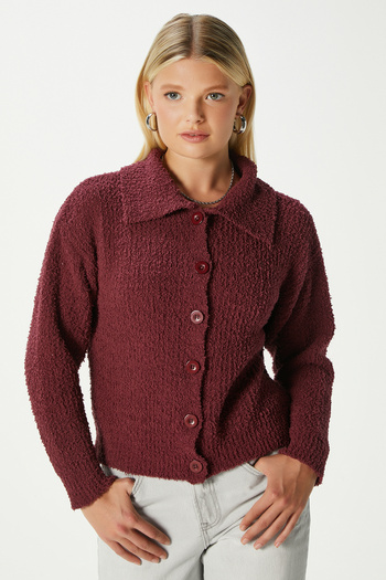 Ritnice Women's Robert Yumoş Plum Polo Neck Knitwear Cardigan