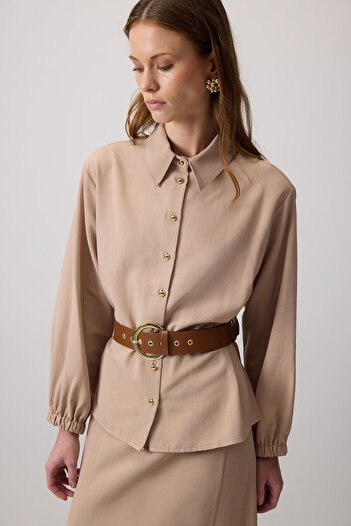Touché Privé Textured Belted Shirt Skirt Set