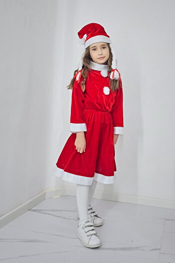 FashionForYou Missy Claus velvet Christmas dress set, with hat and pigtails, Size 3-5 years