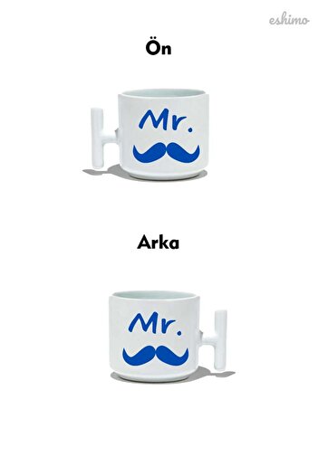 Eshimo Mr. Written Blue Mustache Printed Porcelain Mug with Handle
