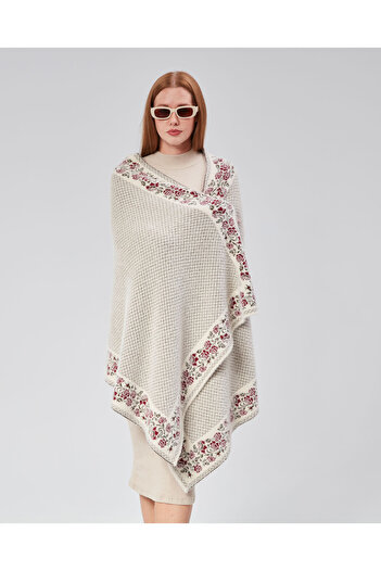 RFK Butik Women's Beard Yarn Oversized Knitwear Shoulder Shawl - Stone