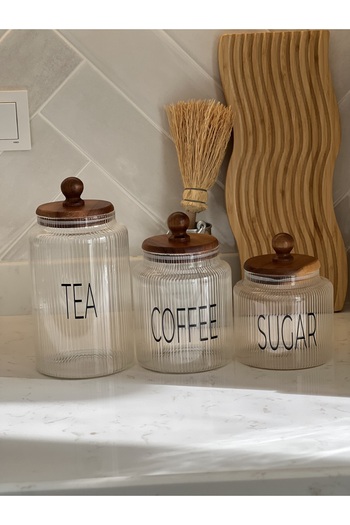 Sade Hediye 3-Piece Triple Luxury Line Glass Patterned Ball Handle Acacia Vacuum Lid Spice Set