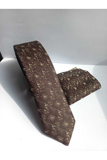 Kravatistan Brown Patterned Thin Tie and Handkerchief Set