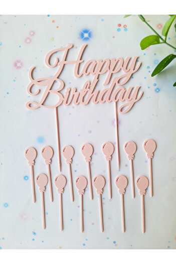 Atolye Doruk Pink Balloons Birthday Cake Decoration Set - Happy Birthday Cake Lettering - Balloon Cupcake Picks