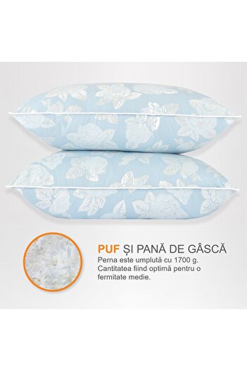 Pernador Set of 2 goose down and feather pillows, 70x70 cm, Blue with silver roses