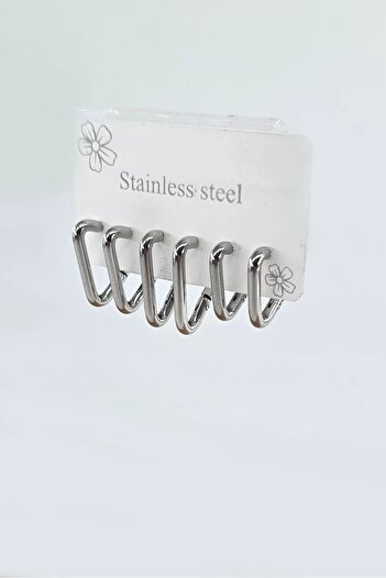 By Zeyna Aksesuar Women's 316 L Stainless Steel Anti Allergenic 3 Sizes 6-Piece Geometric Earring Set