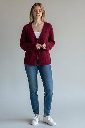 trivvy Women's Bearded Embossed Patterned Front Tie Cardigan Jacket