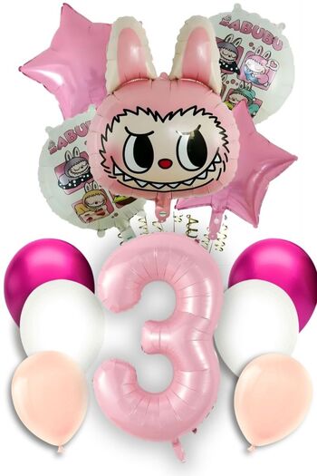 PARTİAVM 3 Year Old Lubabu Themed Birthday Balloon Set Pink Number Flying Balloon Macaron Pink White Balloon