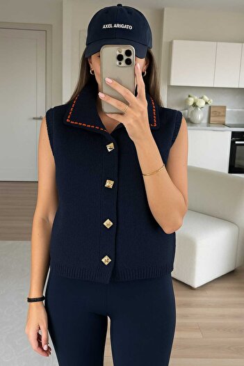 NOTCHTR Kaın Gold Buttoned Polo Neck Knitwear Navy Blue Vest