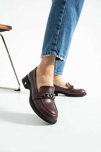 Parparastil Aloré Women's Burgundy Buckle Comfortable Fit Heeled Casual Loafer Shoes
